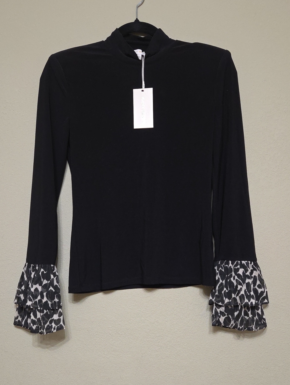 Ramy Brook Black Long-Sleeve Top with Leopard-Print Ruffle Cuffs